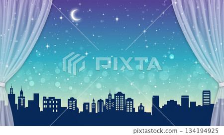 插圖背景描繪了一幅夢幻般璀璨的夜景城市景觀，左右兩側有帷幔。 134194925