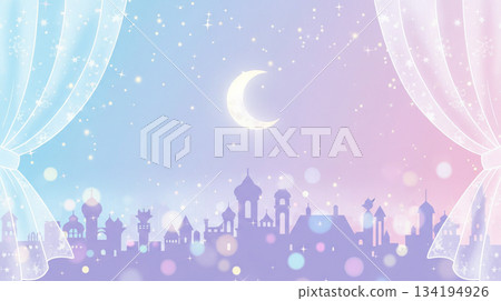 插圖背景描繪了一幅夢幻般璀璨的夜景城市景觀，左右兩側有帷幔。 134194926