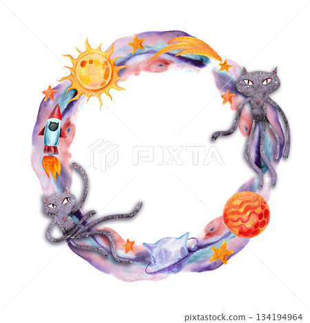 A space-themed round wreath frame with watercolor sun, planets and cats. A bright children's illustration for designing cards, invitations, and textiles. A space-themed round wreath frame with watercolor sun, planets and cats. A bright children's illustration for designing cards, invitations, and textiles. 134194964