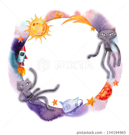 A space-themed round wreath frame with a watercolor sun, planets, and cats. A bright children's illustration for designing cards, invitations, and textiles with space for text A space-themed round wreath frame with a watercolor sun, planets, and cats. A bright children's illustration for designing cards, invitations, and textiles with space for text 134194965