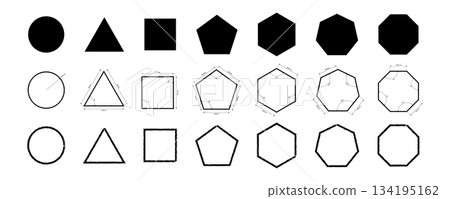 Basic Geometric Shapes Collection Circle, Square, Triangle, Polygon Outlines and Solid Fill Elements. 134195162