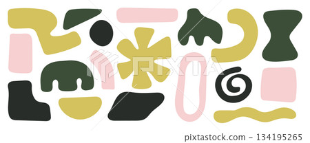 hand draw abstract shapes, geometric cut out elements with liquid line, dots pattern design for card, invitation, wallpaper, poster	 134195265