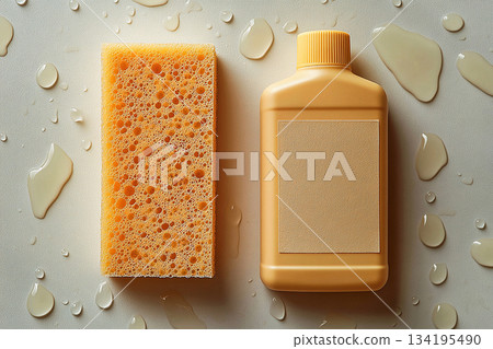 Disinfection. Commercial use. Top view of sponge next to a light detergent bottle with blank labels on a background in beige colors. 134195490