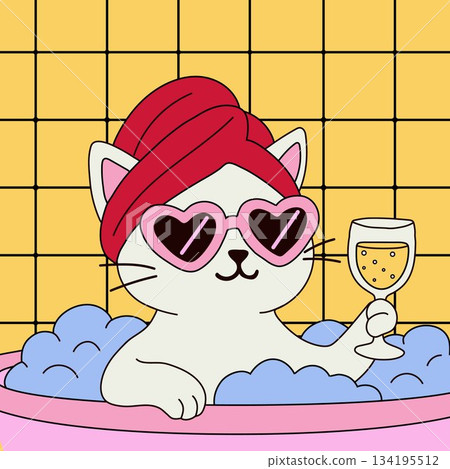 Playful cat relaxing in a bath with a glass of champagne 134195512