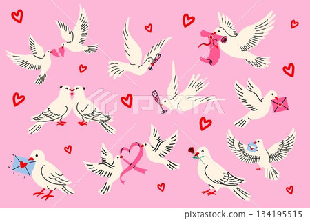 Sweet birds carrying love letters, gifts, and flowers on a pink backdrop Sweet birds carrying love letters, gifts, and flowers on a pink backdrop 134195515