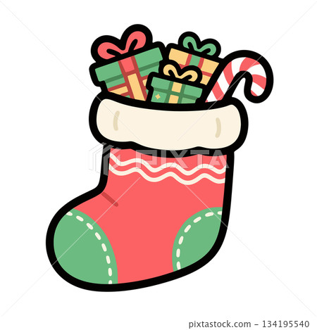 Christmas Green And Red Stocking With Presents And Candy Cane Christmas Green And Red Stocking With Presents And Candy Cane 134195540