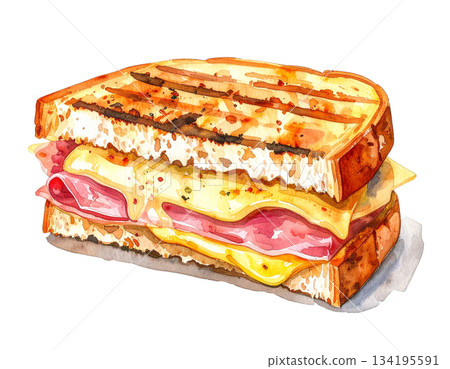 Ham and cheese hot sandwich watercolor illustration 134195591