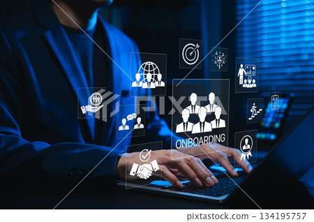 Onboarding new employee process concept. A businessman using laptop with icons representing onboarding process, training, recruitment, communication, hiring, development, and employee integration. Onboarding new employee process concept. A businessman using laptop with icons representing onboarding process, training, recruitment, communication, hiring, development, and employee integration. 134195757