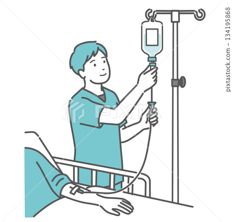 Illustration of a male nurse adjusting the drip rate 134195868