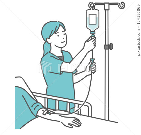 Illustration of a female nurse adjusting the drip rate of an IV drip 134195869