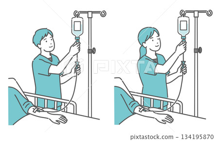 Illustration of a nurse (male and female set) adjusting the drip rate of an IV drip 134195870
