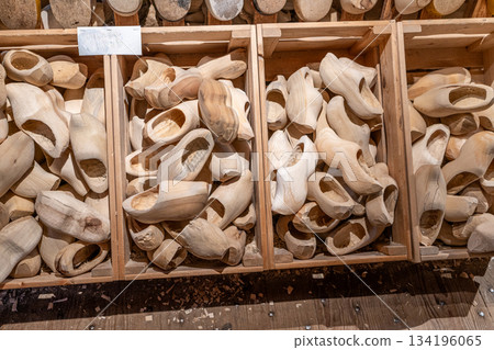 Netherlands Clomps wooden shoes. Clogs slippers souvenir in Dutch. Holland gift traditional footwear 134196065