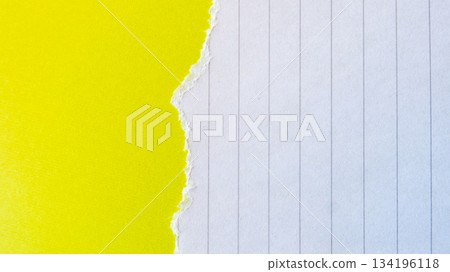 Ripped white paper with lined texture on a bright yellow background. The torn edge creates a contrast between the two colors. Ripped white paper with lined texture on a bright yellow background. The torn edge creates a contrast between the two colors. 134196118