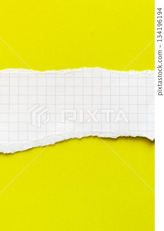 Ripped white paper with squared texture on a bright yellow background. The torn edge creates a contrast between the two colours. Ripped white paper with squared texture on a bright yellow background. The torn edge creates a contrast between the two colours. 134196194