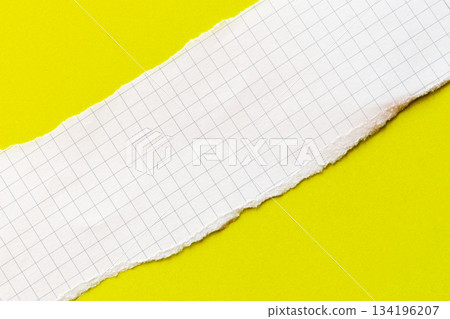 Ripped white paper with squared texture on a bright yellow background. The torn edge creates a contrast between the two colours. Ripped white paper with squared texture on a bright yellow background. The torn edge creates a contrast between the two colours. 134196207