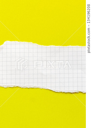 Ripped white paper with squared texture on a bright yellow background. The torn edge creates a contrast between the two colours. Ripped white paper with squared texture on a bright yellow background. The torn edge creates a contrast between the two colours. 134196208
