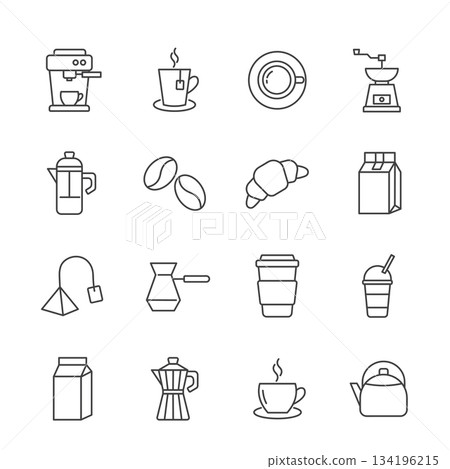 set of coffee and tea line icons with editable stroke. coffee beans, coffee machine, cup, tea bag set of coffee and tea line icons with editable stroke. coffee beans, coffee machine, cup, tea bag 134196215