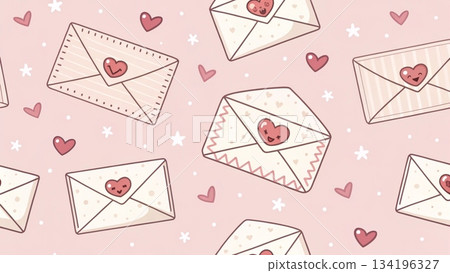 Pastel mint background with cute pink love envelopes soft kawaii illustration 134196327
