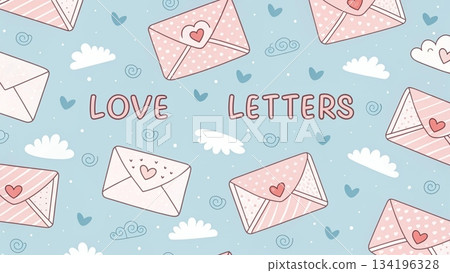 Pastel mint background with cute pink love envelopes soft kawaii illustration 134196328