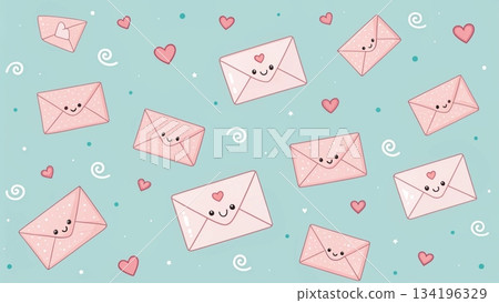 Pastel mint background with cute pink love envelopes soft kawaii illustration 134196329