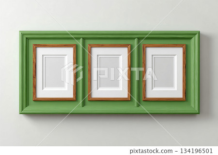 Modern decoration. Mock up for modern interior and branding. Empty green photo frame for a collage of three photos in a minimalist style on a white background. Green stylish photo frame. Modern decoration. Mock up for modern interior and branding. Empty green photo frame for a collage of three photos in a minimalist style on a white background. Green stylish photo frame. 134196501
