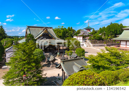 A panoramic view of the Shakado Hall and the Great Peace Pagoda, both important cultural properties of Naritasan Shinshoji Temple, Narita City, Chiba Prefecture 134196542