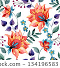Floral pattern, watercolor seamless print in oriental style. Abstract bright flowers. 134196583