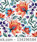 Floral pattern, watercolor seamless print in oriental style. Abstract bright flowers. 134196584