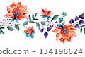 Floral border, watercolor seamless frame in oriental style. Abstract bright flowers. 134196624