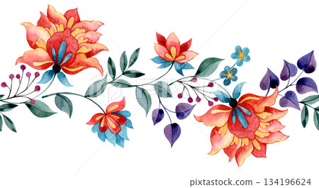 Floral border, watercolor seamless frame in oriental style. Abstract bright flowers. Floral border, watercolor seamless frame in oriental style. Abstract bright flowers. 134196624