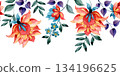Floral border, watercolor seamless frame in oriental style. Abstract bright flowers. 134196625