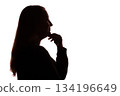 Silhouette young smile woman touching her chin thoughtfully, white background 134196649