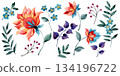 Set of floral ornaments, watercolor abstract flowers and leaves in oriental style. 134196722