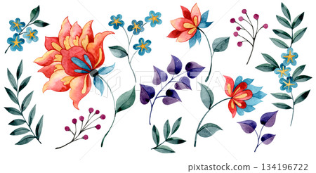 Set of floral ornaments, watercolor abstract flowers and leaves in oriental style. 134196722