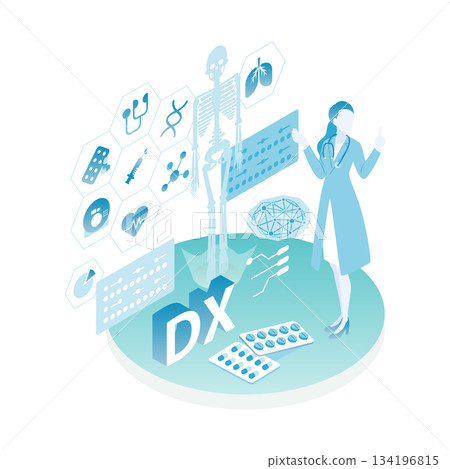 女醫師講解醫療數位轉型的等距插畫（顏色變化） 134196815