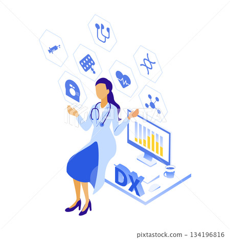 女醫生處理醫療診斷數據的等距插圖 134196816