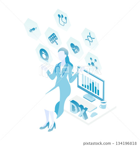 女醫生處理醫療診斷數據的等距插圖（顏色變化） 134196818