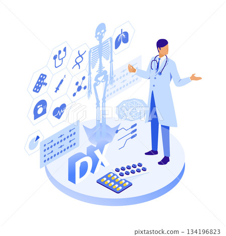 男性醫師講解醫學診斷的等距插圖 男性醫師講解醫學診斷的等距插圖 134196823