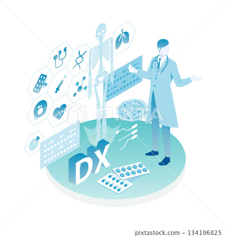 男性醫師講解醫療數位轉型的等距插圖（顏色變化） 134196825