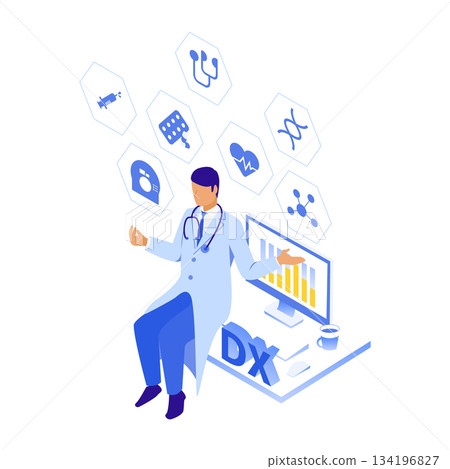 Isometric illustration of a male doctor handling medical DX data 134196827