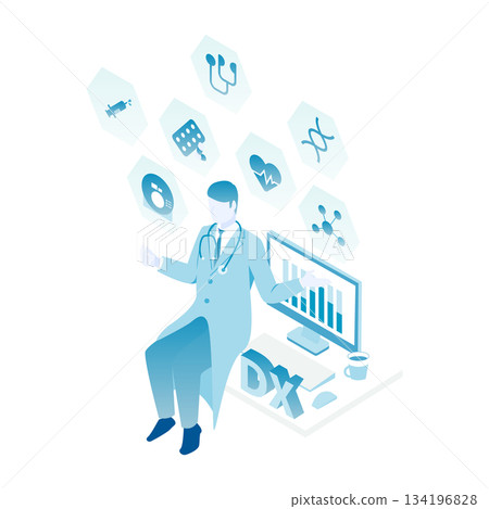 Isometric illustration of a male doctor handling medical DX data (Color variation) 134196828