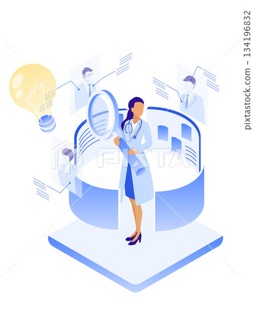 Isometric illustration of a female doctor investigating medical DX information 134196832