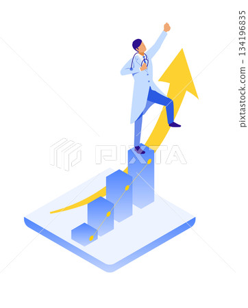 等距視角插圖,描繪了一位對自己的成就感到滿意的男醫師。 等距視角插圖,描繪了一位對自己的成就感到滿意的男醫師。 134196835