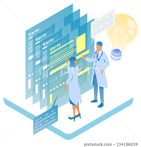 Isometric illustration of doctors and staff improving work with electronic medical record DX Isometric illustration of doctors and staff improving work with electronic medical record DX 134196839