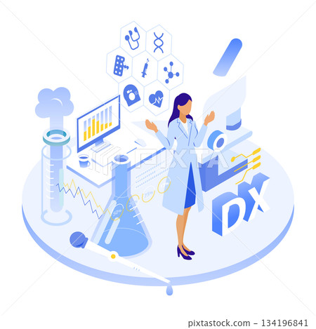 以等距視角描繪了一位女醫師處理醫療數位轉型和研究數據的情況 以等距視角描繪了一位女醫師處理醫療數位轉型和研究數據的情況 134196841