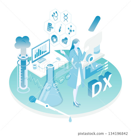 女醫生處理醫療數位轉型和研究數據的等距插圖(顏色變化) 女醫生處理醫療數位轉型和研究數據的等距插圖(顏色變化) 134196842