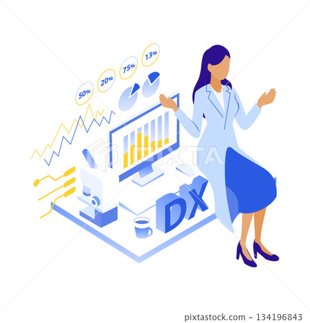 女醫生分析醫療診斷數據的等距插圖 134196843