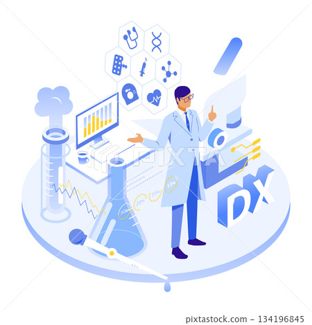 以等距視角描繪了一位男醫師處理醫療數位轉型和研究數據的情況 134196845
