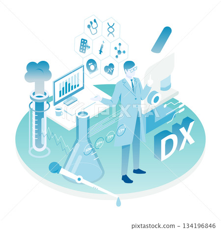 男性醫生處理醫療數位轉型和研究數據的等距插圖（顏色變化） 134196846