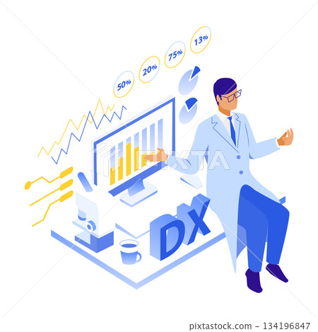 男性醫師分析醫療診斷數據的等距插圖 134196847